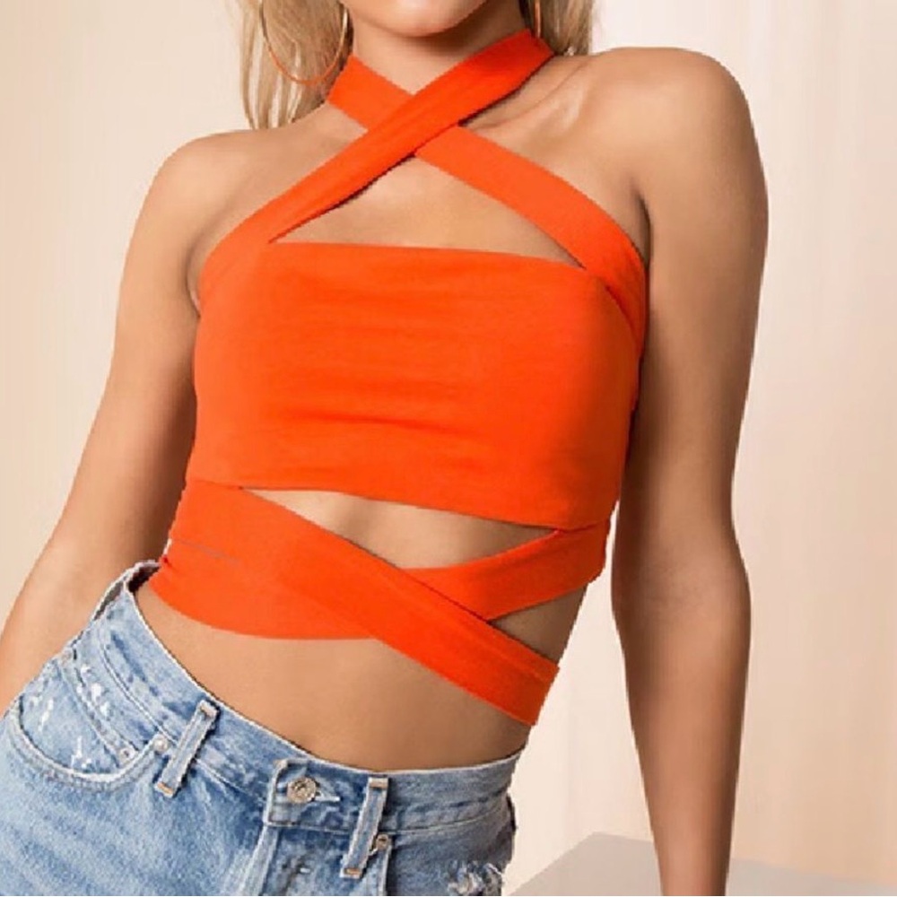 Superdown Cross Wrap Orange Crop Top